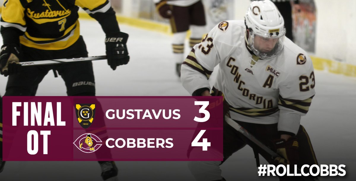 CobberSID's tweet photo. COBBS WIN! COBBS WIN!
Men's hockey never trails against Gustavus &amp; wins in OT.
- Cole O'Connell⬇️ has 2 goals &amp; leads CC with 21 pts.
- Caden Triggs gets his 2nd goal in 2 days
- Ben Luedtke gets his 6th goal of the year
- Liam Haslam has 2 assists
- CC now 10-11-2, 7-6-1 MIAC https://t.co/4C7rWr2HjM