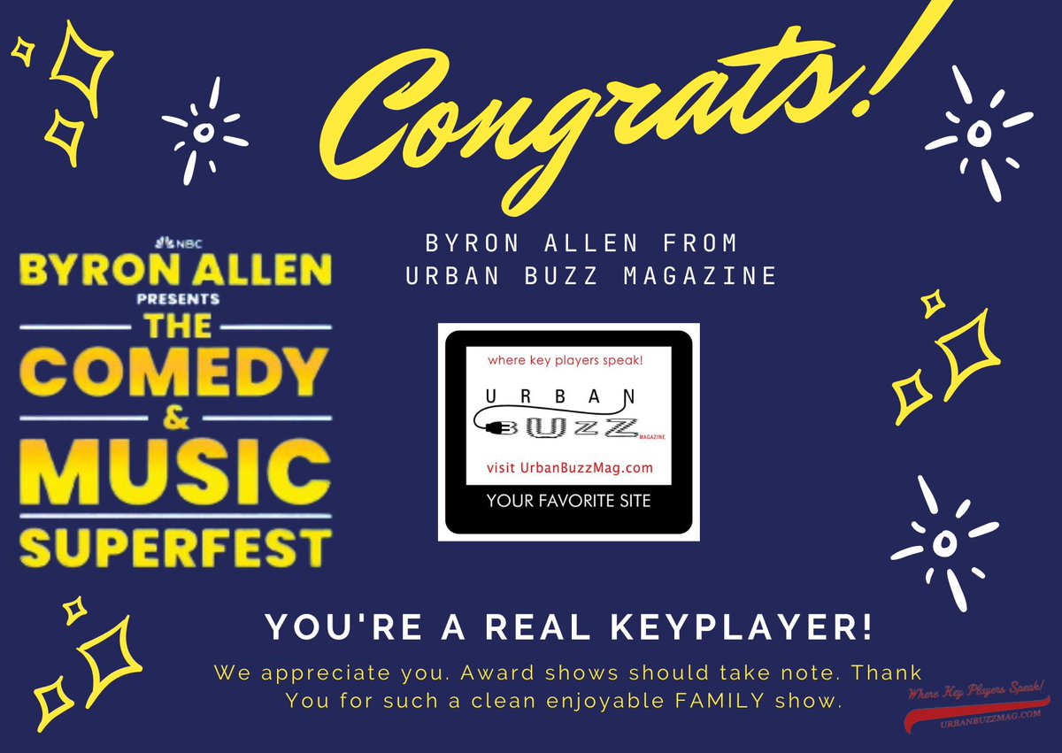 @nbc @RealByronAllen THANK YOU SO MUCH. WE APPRECIATE YOU #urbanbuzzmagazine #wkps #ComedyAndMusicSuperfest #comedy #music