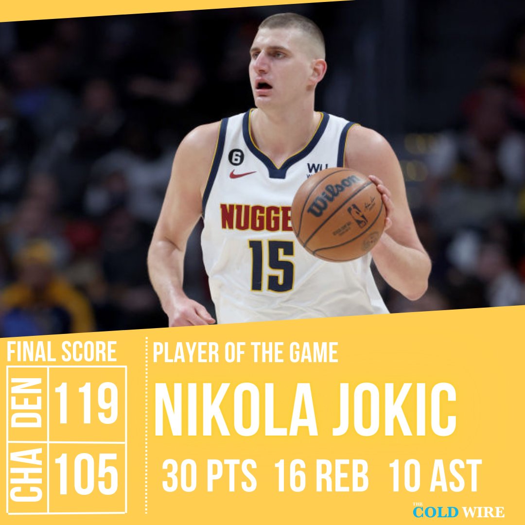 thecoldwire's tweet photo. The Denver #Nuggets win against the Charlotte Hornets, Nikola Jokic with another triple-double to add upπͺ
#DENvsCHA #MileHighBasketball | #NBA https://t.co/OUiVDNO8GM