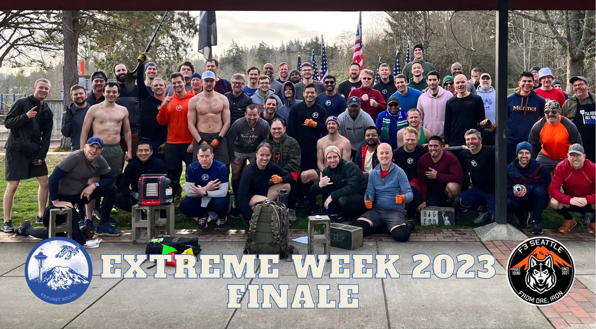 That’s is it <a href="/F3Nation/">F3</a> !!

Just when you think F3 can’t get any better it does!!!

So proud of our F3 Pugetsound and F3 Seattle PAX for completing Extreme Week 2023(7 workouts in 6 days). It was by no means an easy task but HIMs continued to show up and show out. Huge T-Claps 👏
