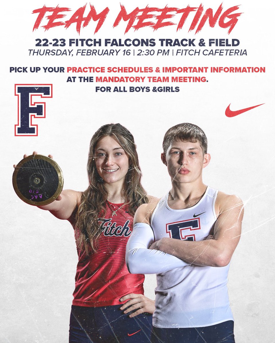 🆃🅴🅰🅼 🅼🅴🅴🆃🅸🅽🅶

Mandatory team meeting for all boys &amp; girls grades 9-12 interested in being a part of the Fitch Track &amp; Field program this Spring. Last chance to join!

📍 » Fitch Cafeteria
📆 » Thursday, February 16
⌚️ » 2:30pm
👫🏻 » All Boys &amp; Girls