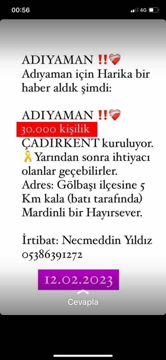 nakipektas's tweet photo. Arkadaşlar telefonla teyit ettik. Telegram grubumuzdaki arkadaşlar telefonla görüştüler. Yarinden itibaren çadır kent hazırmış. #ADIYAMAN'da #Gölbaşı'na 5 km kala 30.000 kişilik çadır kent yarin depremzedelere hizmet vermeye başlayacakmış. Rt ile yayalım lütfen. https://t.co/2a9U1Yc1Uv