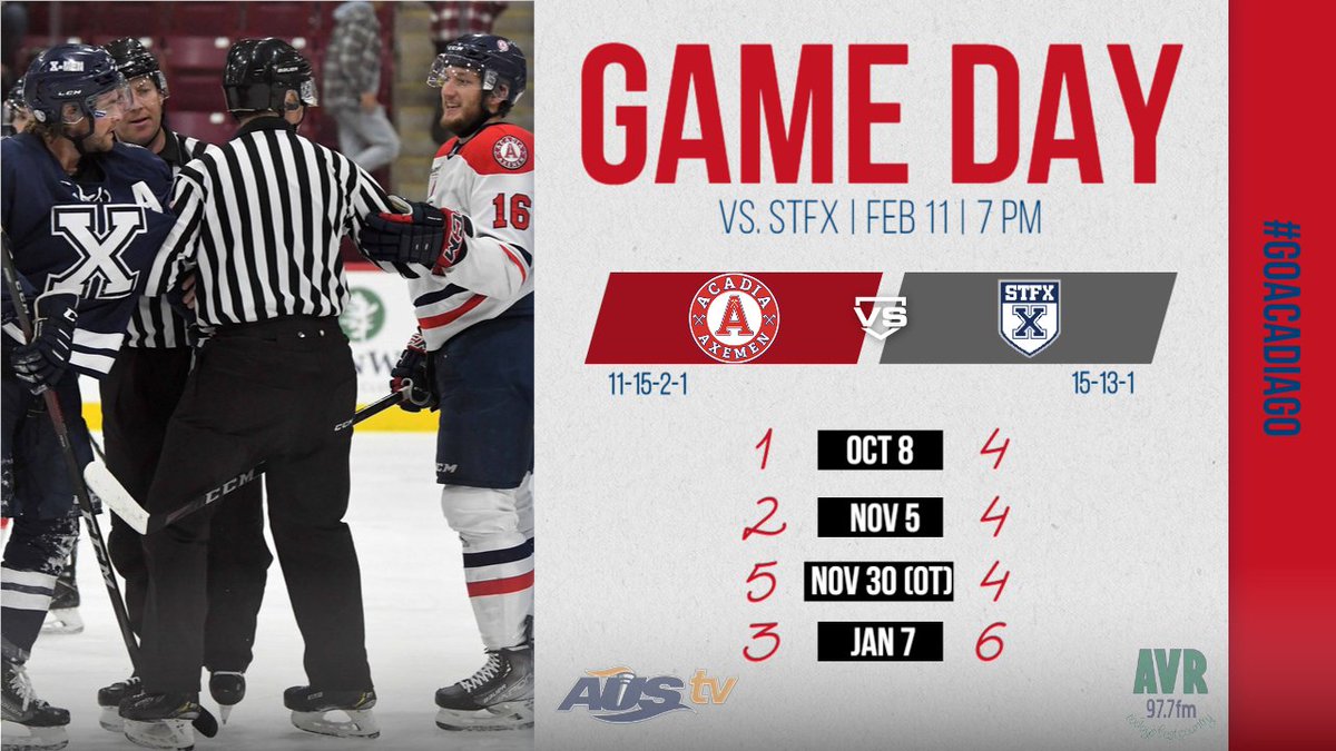 axemenhockey's tweet photo. Puck drop for the final game of the regular season is just 30 minutes away as the Axemen are in Antigonish to face the X-Men. StFX has taken 3 out of 4 games in the season series, with the Axemen winning in OT at the Antigonish Arena on Nov 30th. https://t.co/9TKhtuRiSf