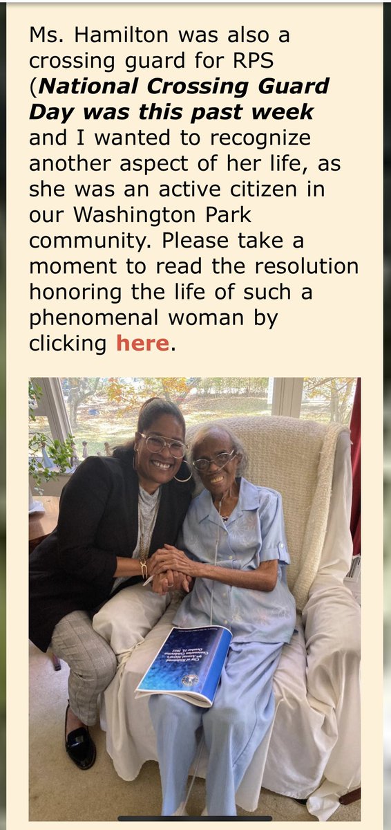 MsKCrowder1's tweet photo. Ms. Hamilton was celebrated recently as a centenarian before her recent passing. She was 104 years old and was also a RPS crossing guard. Happy to hear a street is being renamed in her honor. #RPS #Richmondpublicschools #JasonKamras https://t.co/H4K4wsj6PX