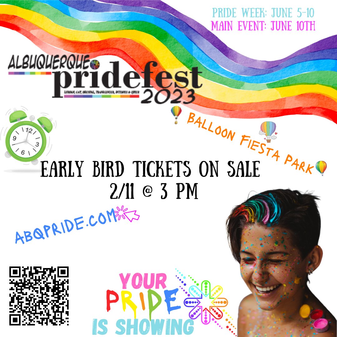 ABQ PrideFest 2023 tickets now on sale. See you at Balloon Fiesta field! #showyourpride

eventbrite.com/e/533971963517