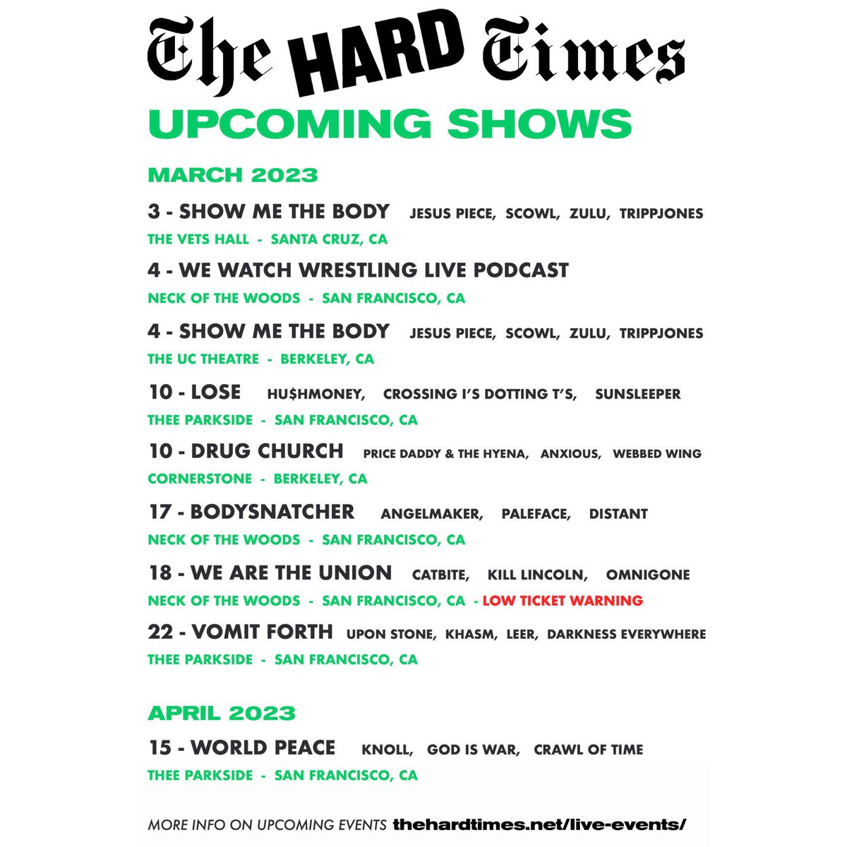 Upcoming March & April 2023 Hard Times Shows thehardtimes.net/live-events/ #hardtimesshows