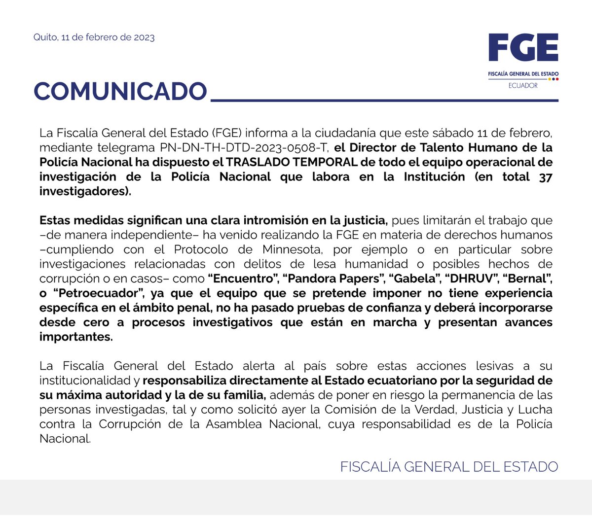 #ALERTA | #FiscalíaEc informa al país que el Gobierno ha decidido retirar el equipo de investigación de <a href="/PoliciaEcuador/">Policía Ecuador</a> asignado a esta Institución. #COMUNICADO. Detalles⬇️