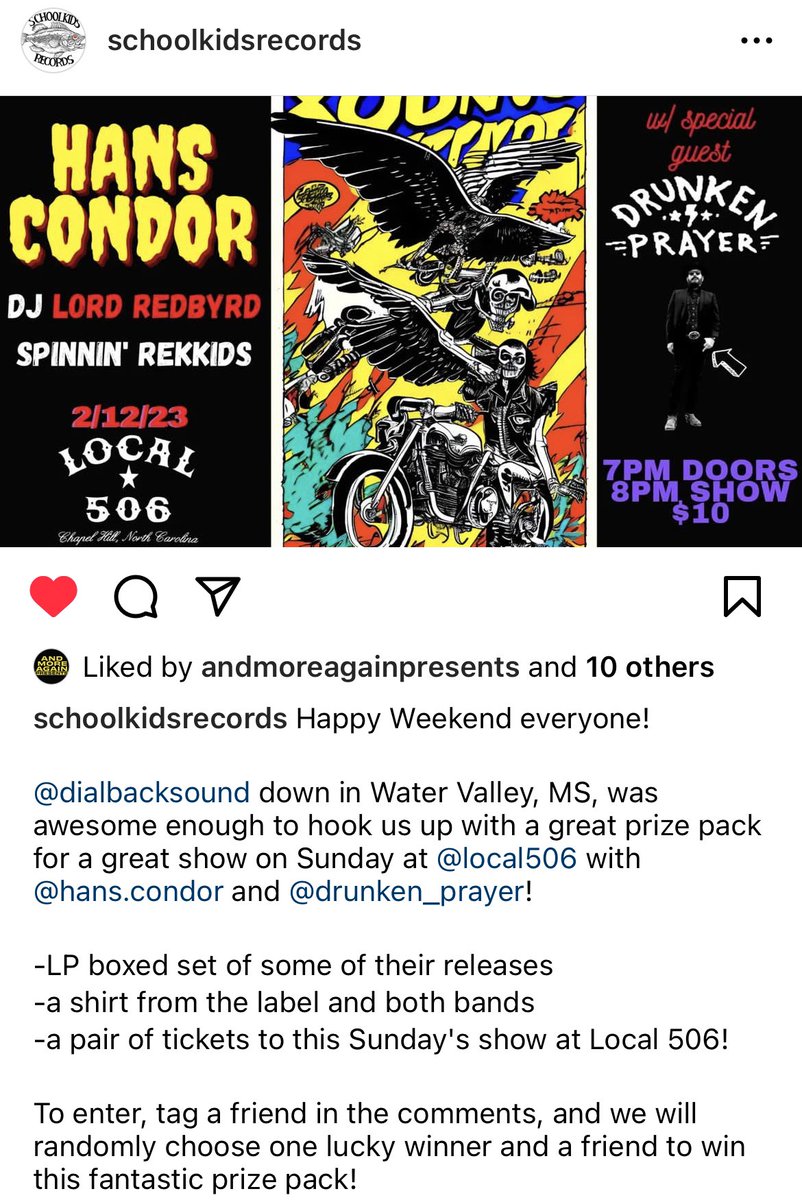 Cool contest from <a href="/Schoolkids/">Schoolkids Records</a> &amp; <a href="/DialBackSound/">Dial Back Sound</a> in conjunction with the <a href="/HansCondor/">Hans Condor</a> @Drunken_Prayer the Gunline &amp; <a href="/andy_lame/">Andy lame</a> show that’s happening at <a href="/Local506/">Local 506</a> tomorrow night. Please comment on <a href="/Schoolkids/">Schoolkids Records</a>’ posts on FB or IG to enter.