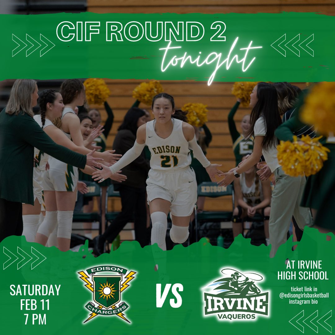 EdisonGbb's tweet photo. Come cheer on our Chargers tonight, 7 pm at Irvine HS as we take on Round 2 of CIF playoffs🏀💚Best of luck to Edison girls basketball⚡️⚡️ Here’s the link to buy tickets
https://t.co/18PeQiXW4O
@richboyce4 @EdisonSportsNet @HBUHSD @tlindqui @OCSportsZone @ocvarsity @SteveFryer https://t.co/f7SZNvgt6b