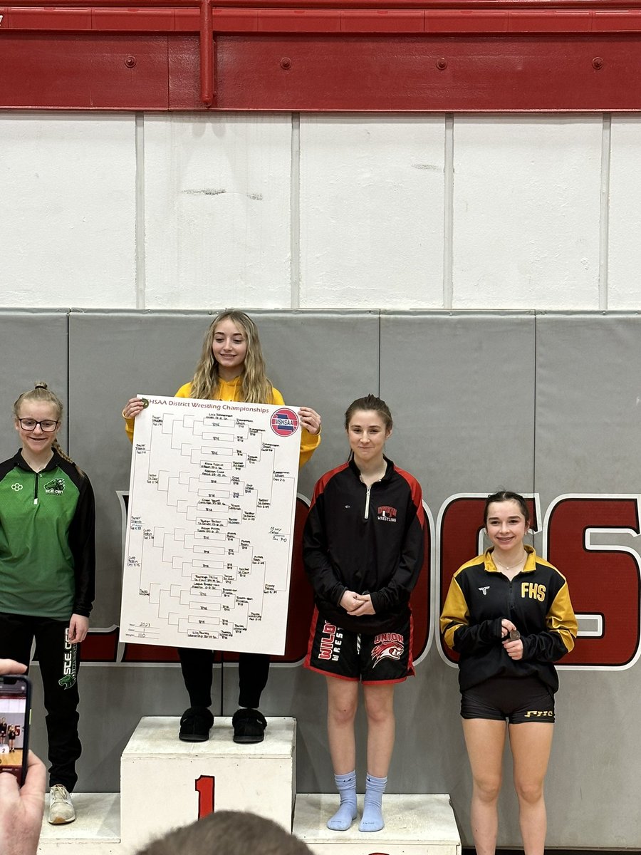 CoachHoskins59's tweet photo. So proud of our girls today!  3 district finalists moving onto the state tournament in a week and a half!!  Lillie Zimmerman and Gracie Straatmann take 2nd place, and Bri Keiser is the Champ at 115!!  Well done ladies!! @unionwildcats https://t.co/YXqogvY8u5