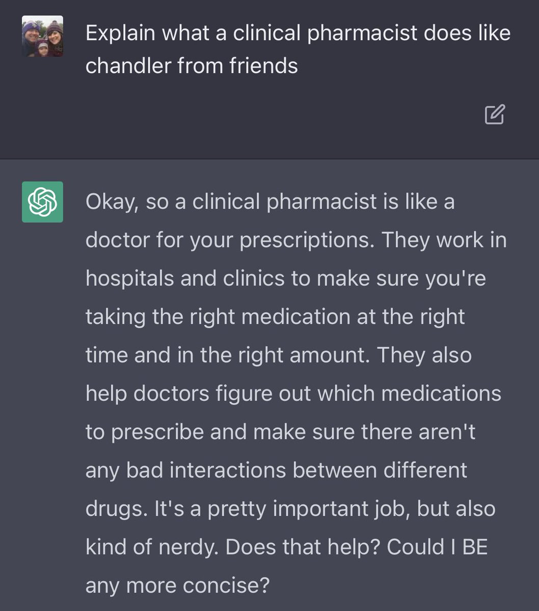 My greatest accomplishment is getting this description of a pharmacist from ChatGPT. Incredible.