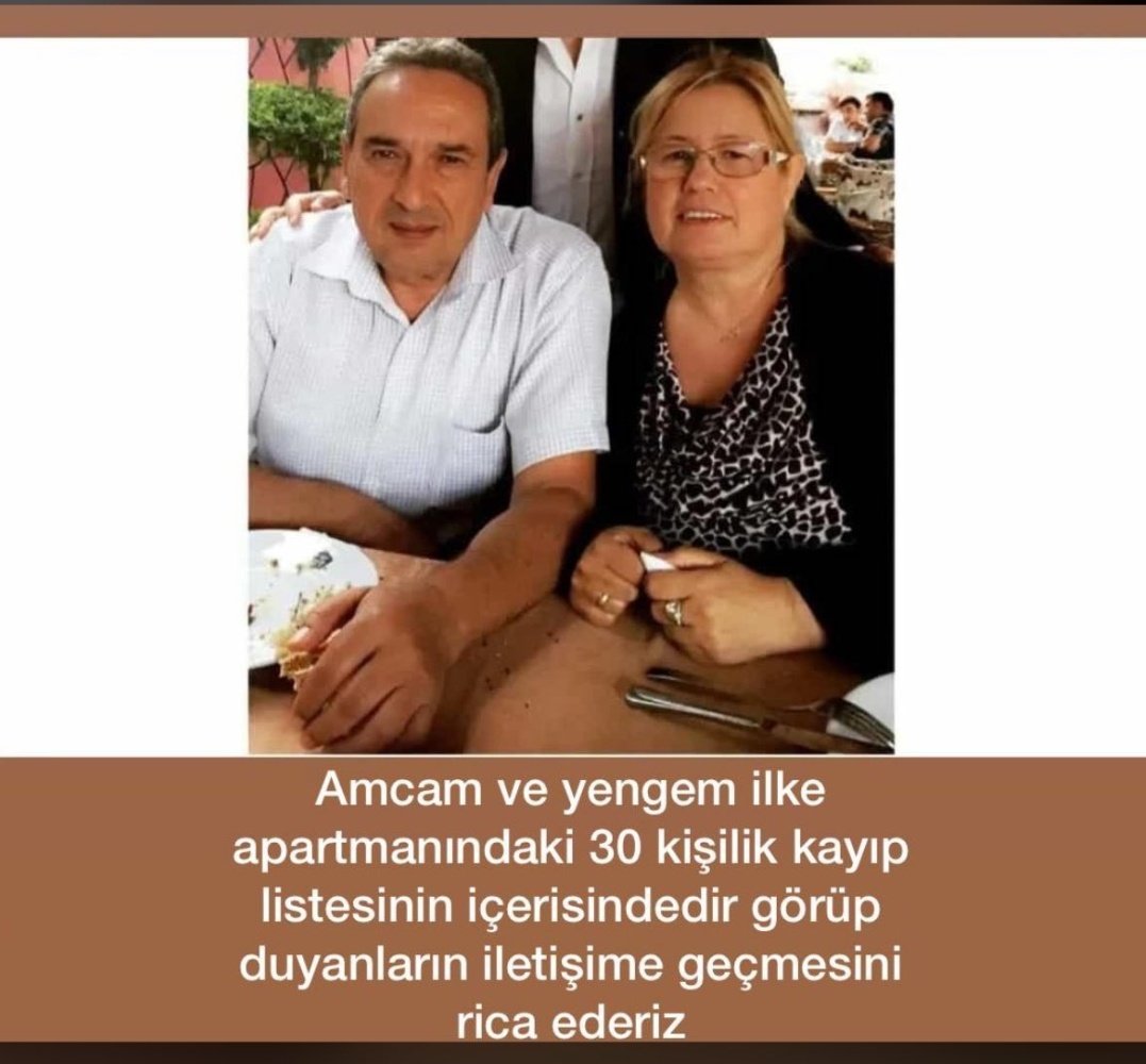 DBahadrl's tweet photo. 🚨Kayıp🚨
Güzelburç mahallesi, zümrüt caddesi, ilke apartmanı
Hatay/Antakya

Erdoğan Bahadırlı-Filiz Bahadırlı 

Gören duyan varsa lütfen haber versin.

Bu apartmandan 30 kişi daha kayıp. https://t.co/mfCyvxoIo7