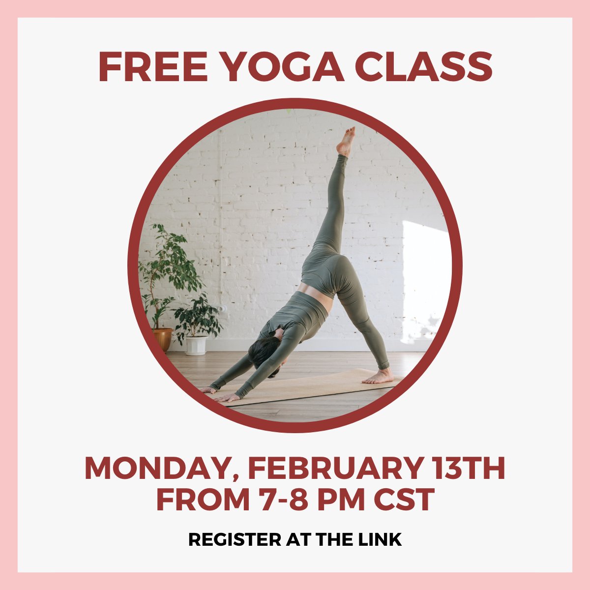 jgswanson's tweet photo. There are still spots left in Monday's FREE virtual yoga class! @NicoleLovald will be teaching an all-levels heart-opener practice from 7-8 PM CST. Tap the link to sign up with your Valentine or Galentine, and do something nice for your body and mind ❤️.

https://t.co/IjLgBvUBGS https://t.co/vK8ATNPo9M