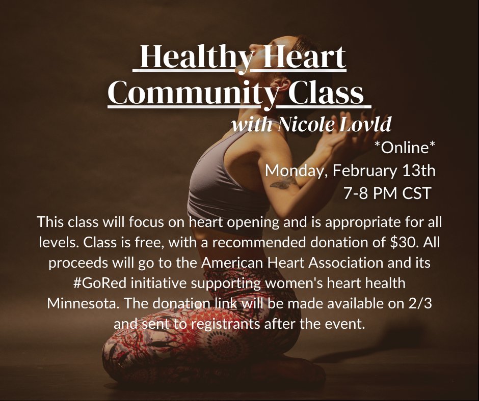 jgswanson's tweet photo. There are still spots left in Monday's FREE virtual yoga class! @NicoleLovald will be teaching an all-levels heart-opener practice from 7-8 PM CST. Tap the link to sign up with your Valentine or Galentine, and do something nice for your body and mind ❤️.

https://t.co/IjLgBvUBGS https://t.co/vK8ATNPo9M