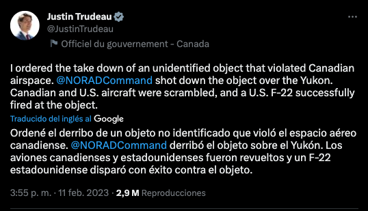 porktendencia's tweet photo. "Justin Trudeau" y "Objeto Volador No Identificado":
Porque el primer ministro de Canadá confirmó el derribo de un objeto volador no identificado (OVNI) en el noroeste del país. https://t.co/9amdfpZS4Y