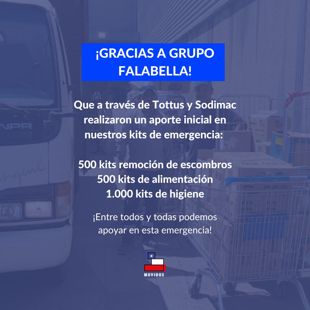 Movidos x Chile (@movidosxchile) on Twitter photo ¡Muchas gracias a grupo #Falabella! Que a través de sus supermercados #Tottus y su tienda de construcción Sodimac <a href="/homecenter_cl/">Sodimac Homecenter</a> realizaron un aporte inicial en nuestros kits de emergencia para ir en ayuda en los #IncendiosForestales. ¡Entre todos y todas podemos aportar! ¡Muchas gracias a grupo #Falabella! Que a través de sus supermercados #Tottus y su tienda de construcción Sodimac <a href="/homecenter_cl/">Sodimac Homecenter</a> realizaron un aporte inicial en nuestros kits de emergencia para ir en ayuda en los #IncendiosForestales. ¡Entre todos y todas podemos aportar!