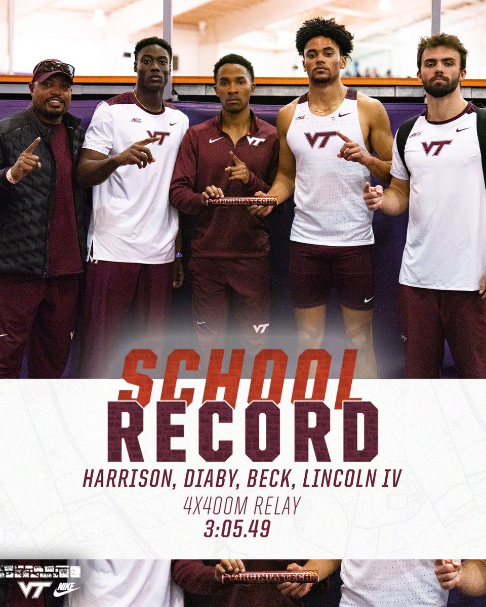 HokiesTFXC's tweet photo. 🚨 4x400m Relay - 𝐒𝐜𝐡𝐨𝐨𝐥 𝐑𝐞𝐜𝐨𝐫𝐝 

Ali Diaby, @KennedyHarriso6, @juddywuddyyy, and @ColetonBeck 

#Hokies 🦃 @Sprint4VTech https://t.co/fOaZtlhaa5