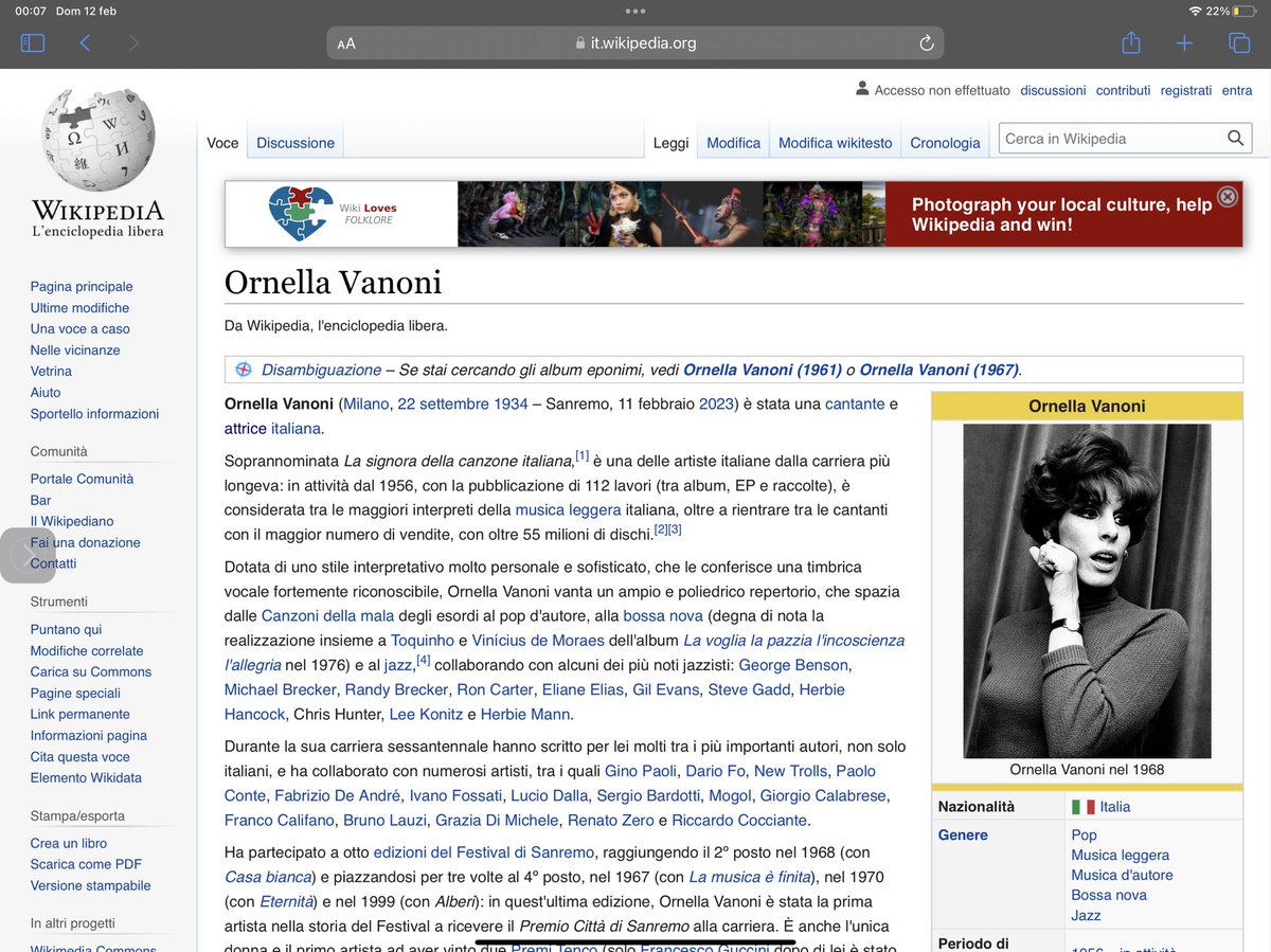 saharaweb's tweet photo. #Sanremo2023 #OrnellaVanoni io che mi dico che la Vanoni ha ancora una voce eccezionale per la sua età, cerco di sapere in che anno è nata e vedo questo 🫥 #Wikipedia date una controllata alle pagine, please😵 https://t.co/MWgXxbV9jk