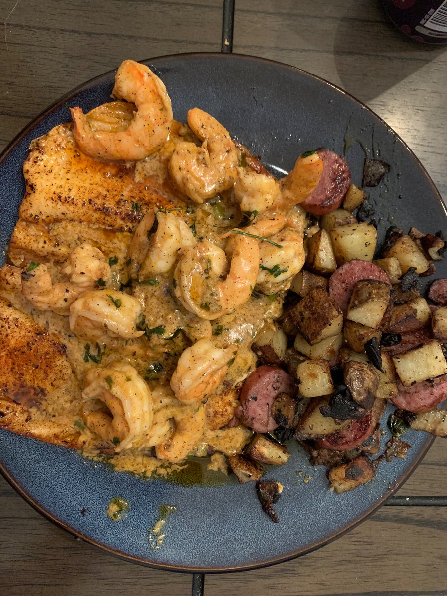 DanielKerr14's tweet image. Pan seared trout with Shrimp Monica sauce and andouille hash.