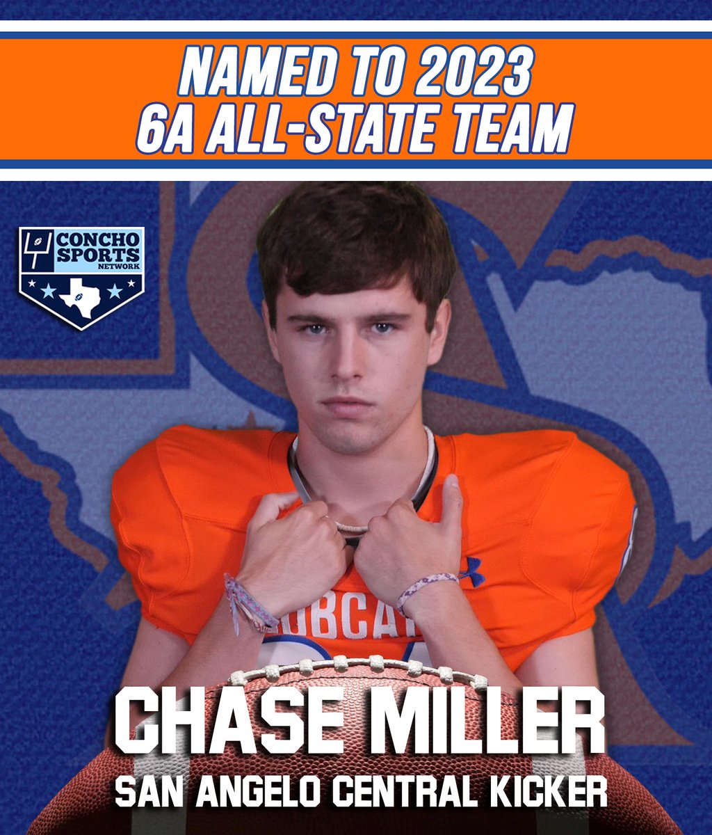 Congratulations to <a href="/AngryOrangeFB/">San Angelo Central Bobcat Football</a> senior <a href="/ChaseMM05/">Chase Miller</a> on being named to the 2023 Blue Bell/Texas Sports Writers Association Class 6A All-State team! 
#AngryOrange #TXHSFB #AllState #AngeloState #SanAngelo #SanAngeloTX