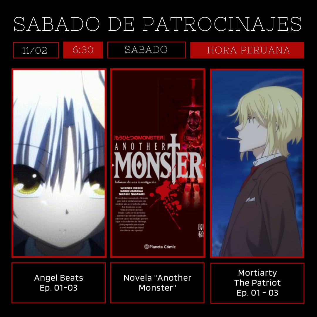 cup_of_bea's tweet photo. [EN VIVO] Este sábado de patrocinajes estaremos viendo #AngelBeats, #MortiartyThePatriot y leyendo la novela #AnotherMonster. Por la noche, en el Discord, veremos una de mis películas favoritas (cuidado, es +18). ¡Nos vemos! #CupofBea

https://t.co/iwsDfJCUBC https://t.co/EzNKevDymj