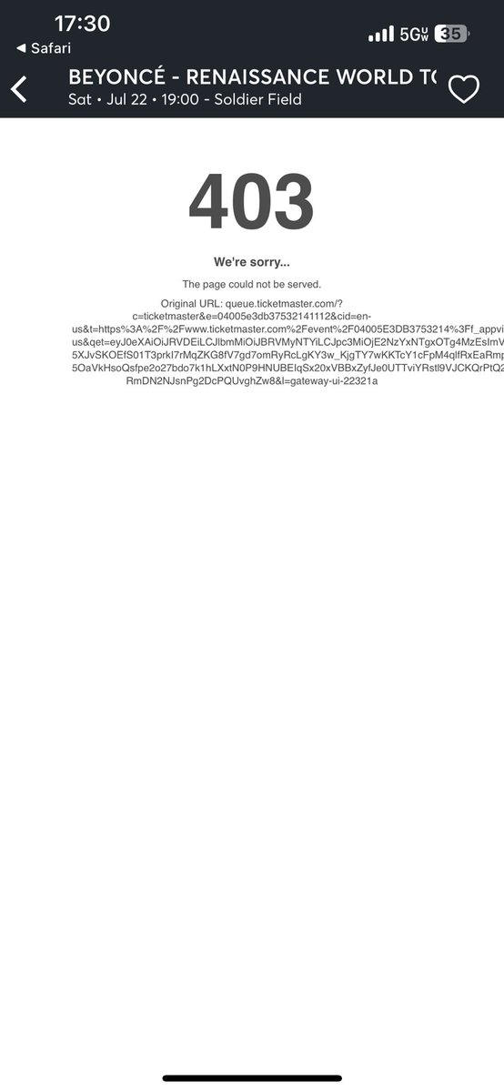 TophCarter's tweet photo. @Ticketmaster got off the waitlist for @Beyonce but it’s giving me a message I have the wrong date (which I don’t) when I try the next day I get a 403 error. Help! https://t.co/NSyhYNrKYM