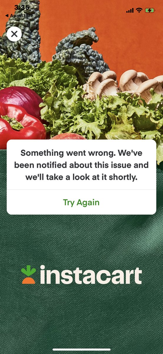 MissRFTC's tweet photo. @Instacart I have been getting the same app error for weeks. Can you help? Yes I have uninstalled and reinstalled the app several times. https://t.co/wmqd8q3HtZ