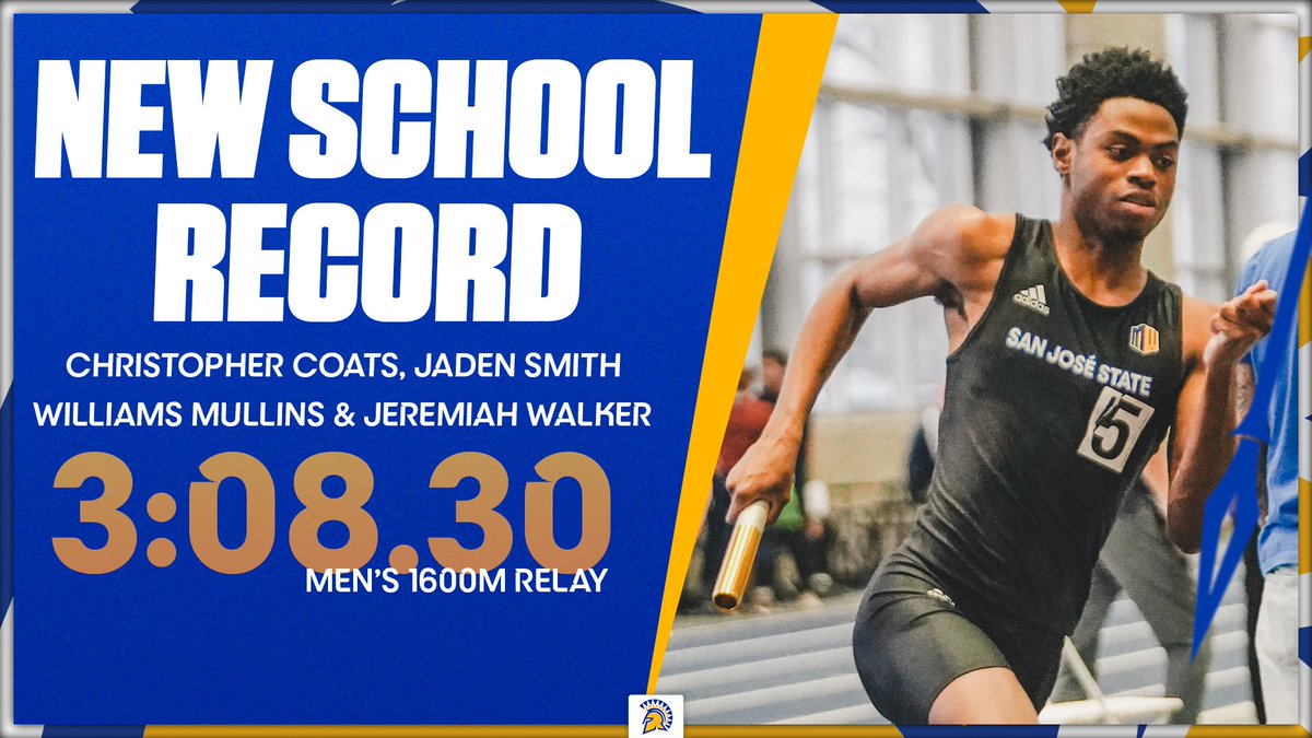 SanJoseStTFXC's tweet photo. NEW SCHOOL RECORD🚨
Christopher Coats, Jaden Smith, William Mullins and Jeremiah Walker set the new school record in the Men's 1600 Meter Relay with a mark of 3:08.30🌬️
#AllSpartans https://t.co/AgmKyRsLnk