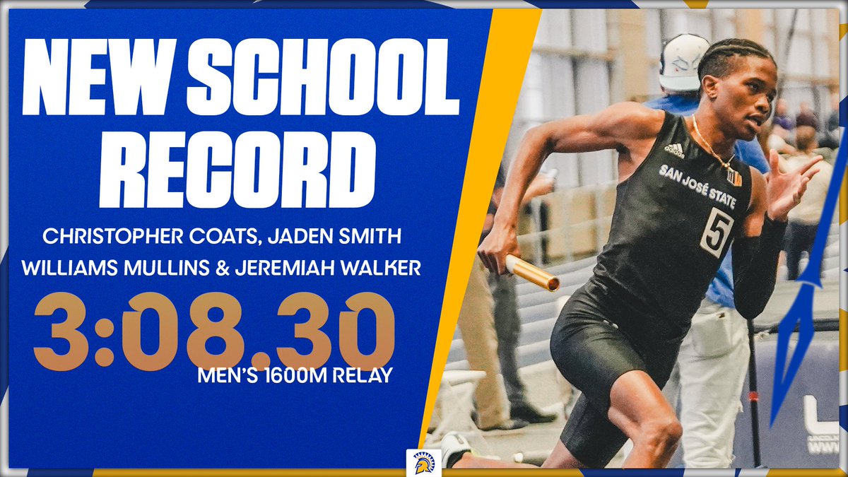 SanJoseStTFXC's tweet photo. NEW SCHOOL RECORD🚨
Christopher Coats, Jaden Smith, William Mullins and Jeremiah Walker set the new school record in the Men's 1600 Meter Relay with a mark of 3:08.30🌬️
#AllSpartans https://t.co/AgmKyRsLnk