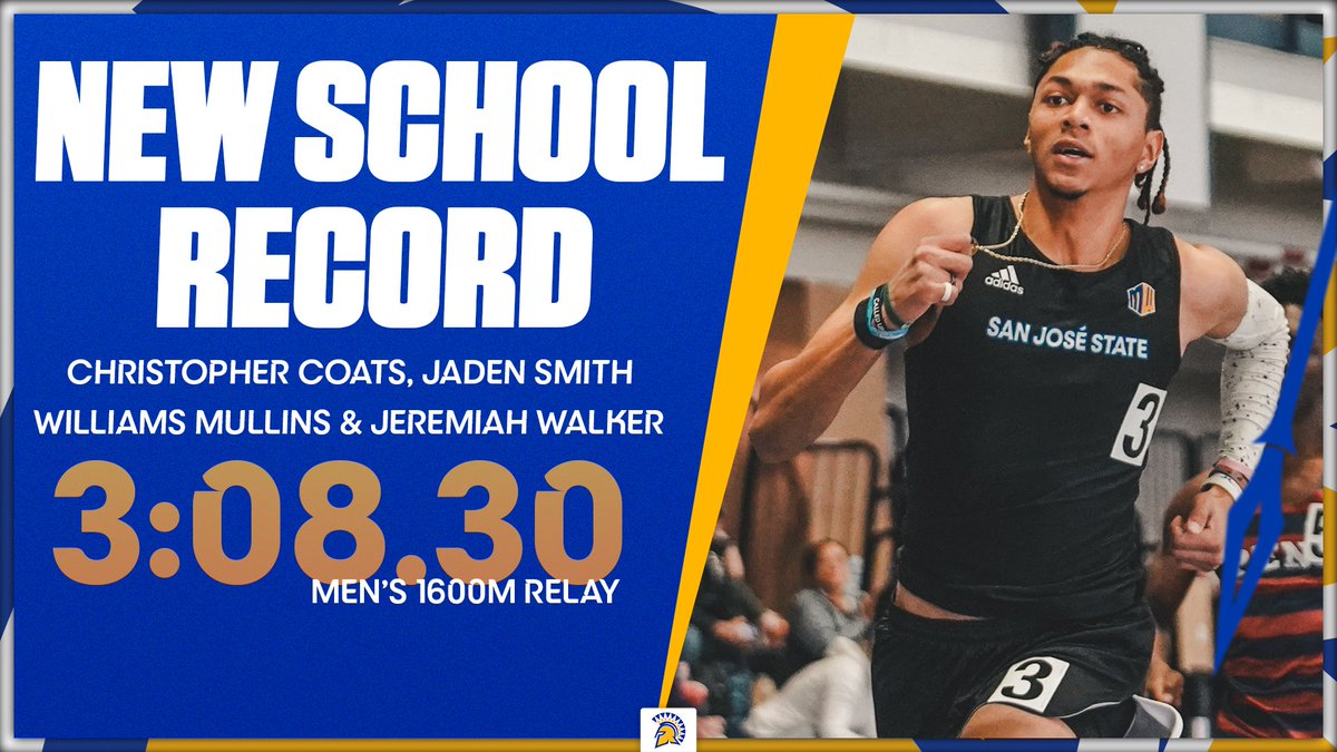SanJoseStTFXC's tweet photo. NEW SCHOOL RECORD🚨
Christopher Coats, Jaden Smith, William Mullins and Jeremiah Walker set the new school record in the Men's 1600 Meter Relay with a mark of 3:08.30🌬️
#AllSpartans https://t.co/AgmKyRsLnk