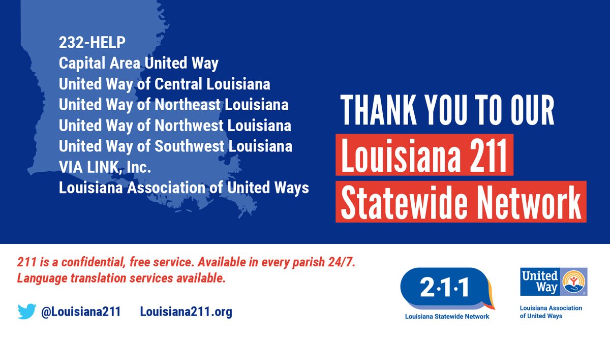 unitedwaynwla's tweet image. Proud to be a part of the @Louisiana211 Statewide Network! To learn more about our work across #Louisiana, please visit Louisiana211.org today!
#Team211 #211 Day #LiveUnited