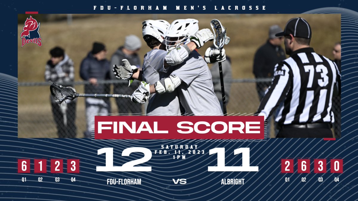FDU Devils Athletics (@fdudevils) on Twitter photo STATS | Michael Stewart scored the game winning goal for <a href="/fdumenslax/">Fairleigh Dickinson Men's Lacrosse</a> this afternoon to lift FDU-Florham to a 12-11 season opening victory over Albright! #HornsUp #HeatsRising
Box Score Now: bit.ly/3YmAJly
Recap Soon! STATS | Michael Stewart scored the game winning goal for <a href="/fdumenslax/">Fairleigh Dickinson Men's Lacrosse</a> this afternoon to lift FDU-Florham to a 12-11 season opening victory over Albright! #HornsUp #HeatsRising
Box Score Now: bit.ly/3YmAJly
Recap Soon!
