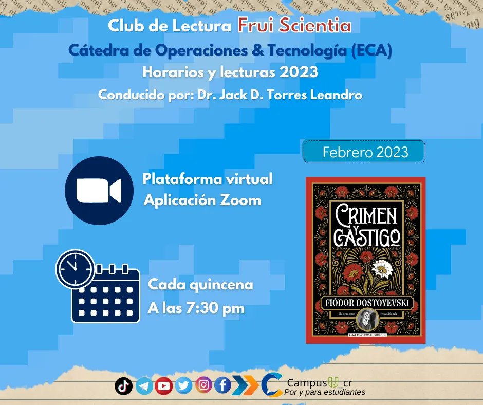 CampusU_cr's tweet photo. ¿Eres amante de  la lectura? Entonces forma parte del Club de Lectura Frui Scientia 📚📚

🎥Canal de Youtube del club de lectura 
https://t.co/EloW28jL9N

👨🏻‍🏫Este club esta organizado por el doctor Jack Torres Leandro.

📝👉Formulario de inscripción https://t.co/i4kfQZ9NLv https://t.co/rCCcHQ8nCq