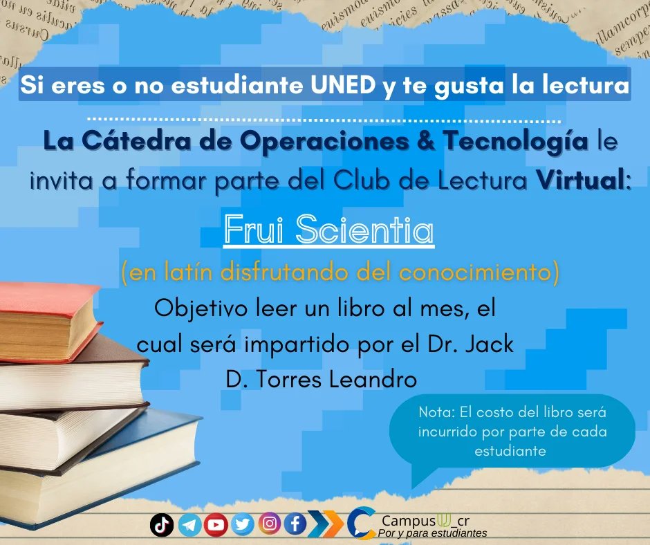 CampusU_cr's tweet photo. ¿Eres amante de  la lectura? Entonces forma parte del Club de Lectura Frui Scientia 📚📚

🎥Canal de Youtube del club de lectura 
https://t.co/EloW28jL9N

👨🏻‍🏫Este club esta organizado por el doctor Jack Torres Leandro.

📝👉Formulario de inscripción https://t.co/i4kfQZ9NLv https://t.co/rCCcHQ8nCq