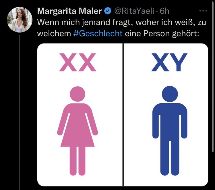 ElyaMConrad's tweet photo. Das ist Margarita. Für Margarita tragen Menschen mit XX-Chromosom Kleid und mögen rosa und Menschen mit XY-Chromosom tragen Hosen und mögen blau. Margarita lebt im 19. Jahrhundert. Sei nicht wie Margarita. https://t.co/wic6BGzz52