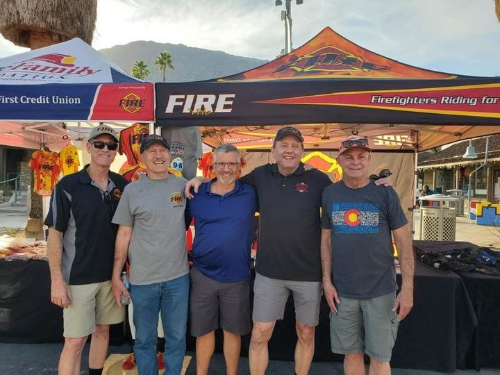 nwfire_velo's tweet photo. Today, NW Fire Velo's Kevin M joined friends from Fire Velo, Marv W, Jim L, Buck B, and Jim B to ride in the 25th @TourdePalmSprings honoring military, first responders &amp; veterans.  This was a mini reunion-all of these firefighters rode  in the 2021 Ride for America LA to NY. https://t.co/aYturzmKFM