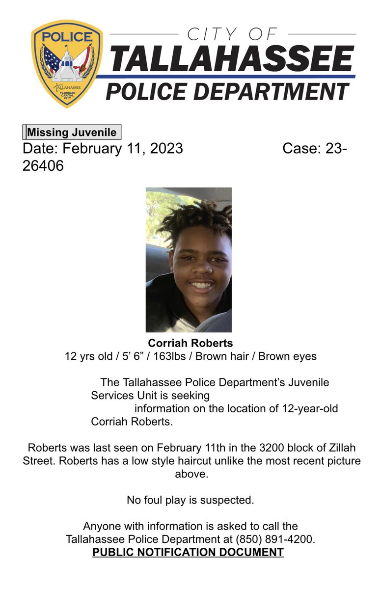 Please share to help locate this missing juvenile. If you have information regarding Corriah’s whereabouts, please call TPD at 850-891-4200.