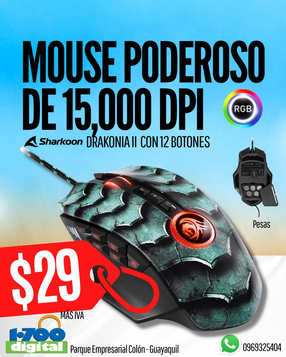 Un mouse gamer grande de 15,000 dpi, 12 botones, RGB, con pesas.....