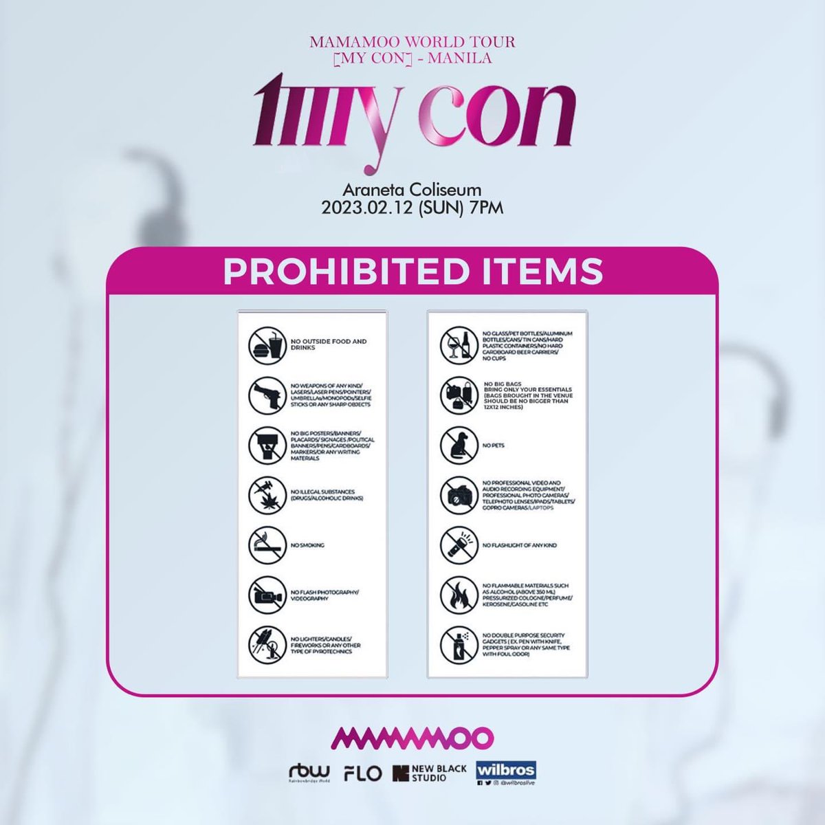 WilbrosLive's tweet photo. SEE YOU TONIGHT!
Show Starts at 7PM

𝐌𝐀𝐌𝐀𝐌𝐎𝐎  
[MY CON] - MANILA
Check out the Schedule ⏰
Reminders and Prohibited Items 🚫
#MAMAMOOinPH #MYCONinMNL https://t.co/SICjG5RrO9