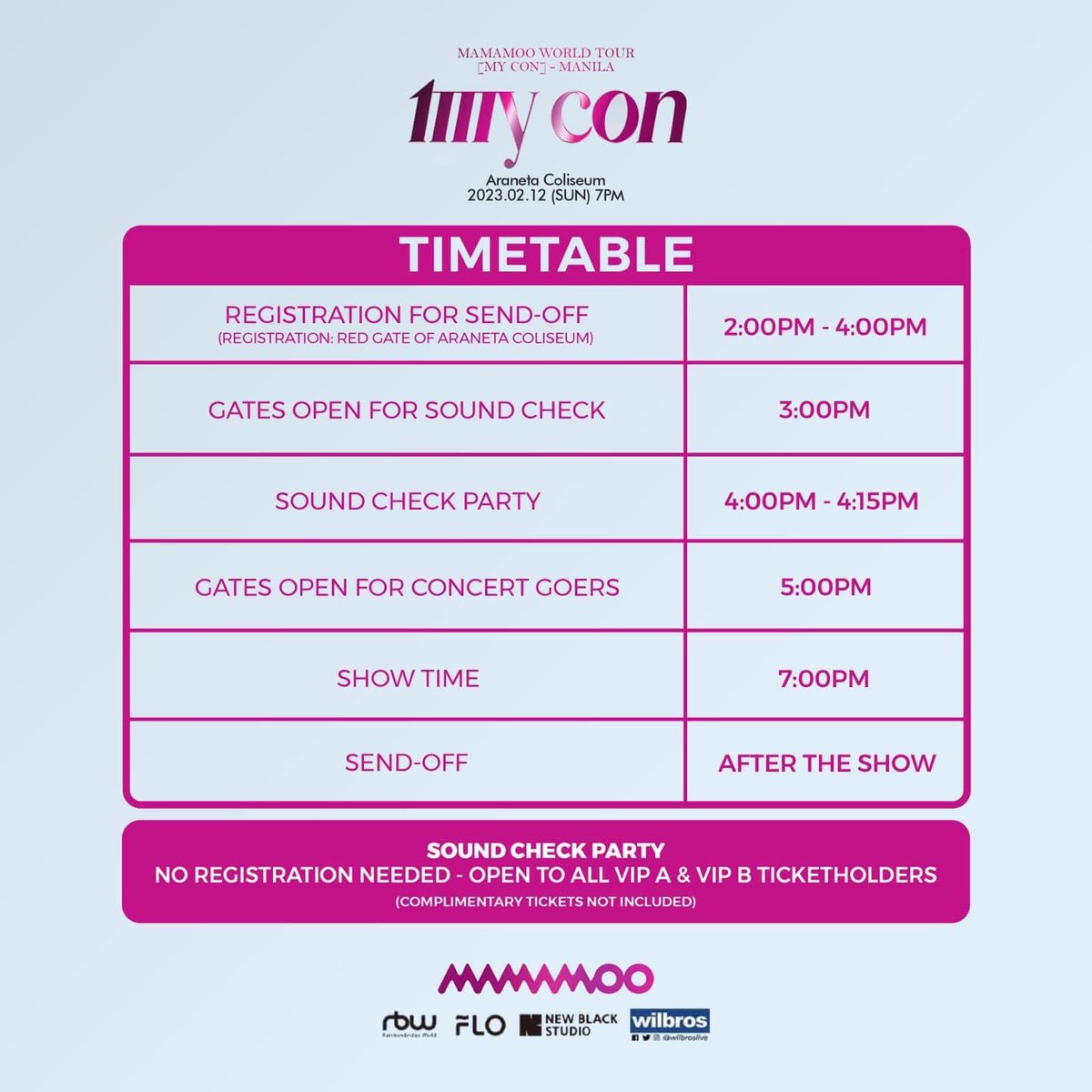 WilbrosLive's tweet photo. SEE YOU TONIGHT!
Show Starts at 7PM

𝐌𝐀𝐌𝐀𝐌𝐎𝐎  
[MY CON] - MANILA
Check out the Schedule ⏰
Reminders and Prohibited Items 🚫
#MAMAMOOinPH #MYCONinMNL https://t.co/SICjG5RrO9
