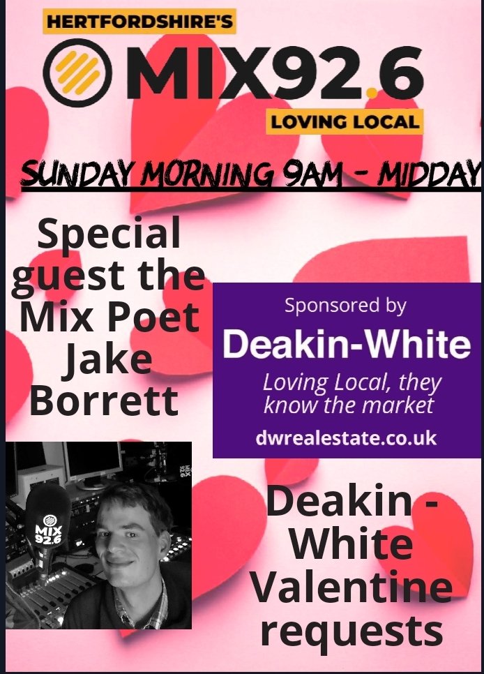 Looking forward to chatting with my good friend <a href="/JakeBorrett/">Jake Borrett</a> tomorrow at 11.20am on <a href="/Mix926official/">Mix 92.6</a>

Plus <a href="/DW_RealEstateUK/">Deakin-White Real Estate</a> valentines requests at 10am