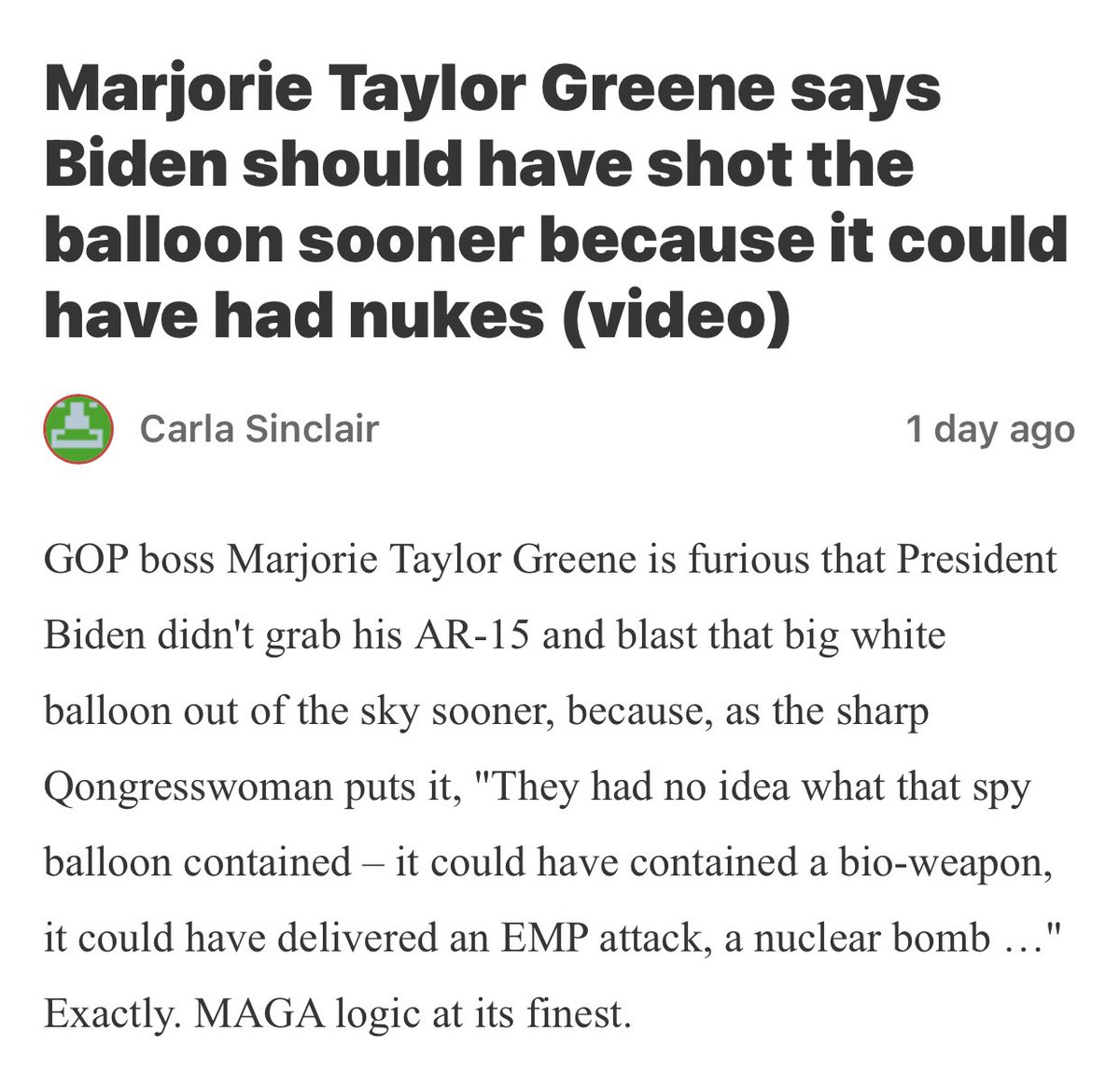 KeithOlbermann's tweet photo. So @RepMTG believed the Chinese balloon had a bioweapon in it or nukes, so it should've been shot down over the US mainland thus spreading the bioweapon or detonating the nuke.

That woman is an idiot.  https://t.co/ULbLo1gqw0 https://t.co/Egl496GSih