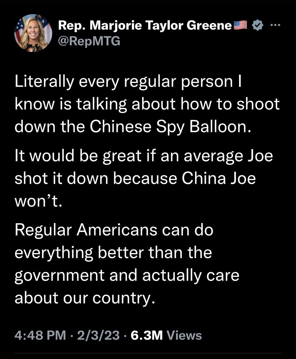 KeithOlbermann's tweet photo. So @RepMTG believed the Chinese balloon had a bioweapon in it or nukes, so it should've been shot down over the US mainland thus spreading the bioweapon or detonating the nuke.

That woman is an idiot.  https://t.co/ULbLo1gqw0 https://t.co/Egl496GSih