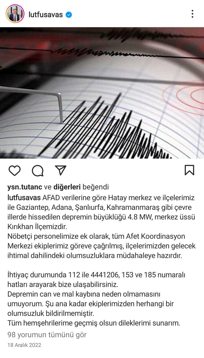 eemrahkaleli's tweet photo. 6 Şubat'ta ki depremler öncesinde Hatay'da bir çok deprem olmuş ve Hatay Bld. Bşk. Lütfü Savaş bu depremlerin bilgilerini Instagram'da yayınlamış. İnsanlar yorumlarda Allah beterinden korusun yazmış ne kadar acı belki de çoğu depremde öldü
#deprem #polis #siddet #samandag #nebati https://t.co/jruET2Qpnx
