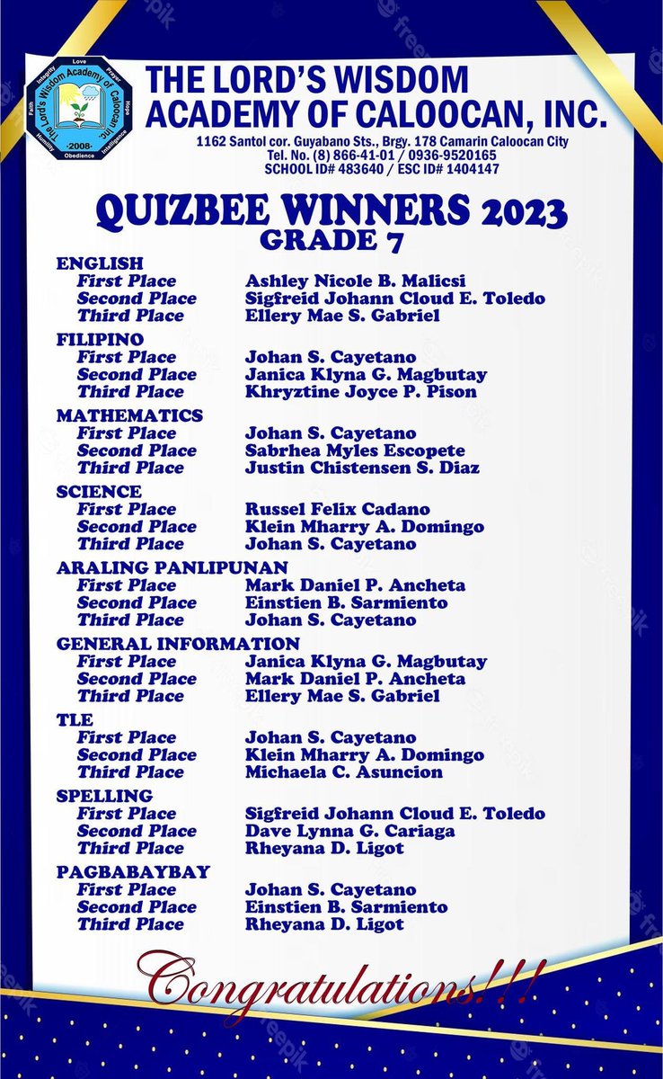 TLWACI08's tweet image. A Job Well done to all the participants! Congratulations winner #JHS #quizbee20222023 #TLWACI #WhiteGideon