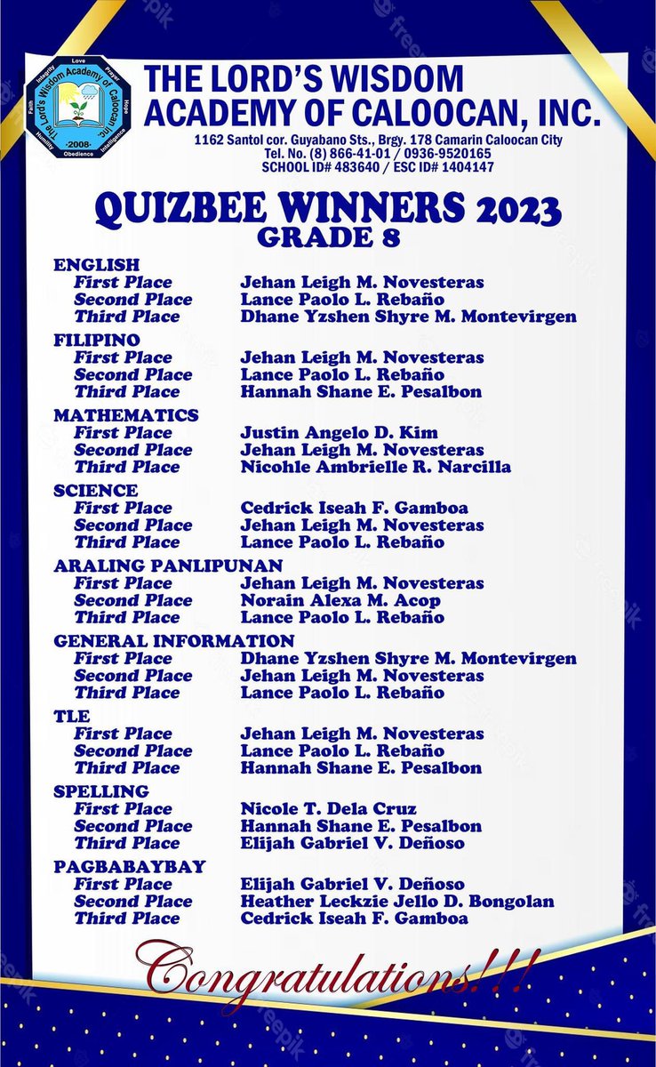 TLWACI08's tweet image. A Job Well done to all the participants! Congratulations winner #JHS #quizbee20222023 #TLWACI #WhiteGideon