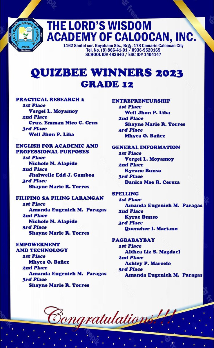 TLWACI08's tweet image. A Job Well done to all the participants! Congratulations winner #SHS #quizbee20222023 #TLWACI #WhiteGideon