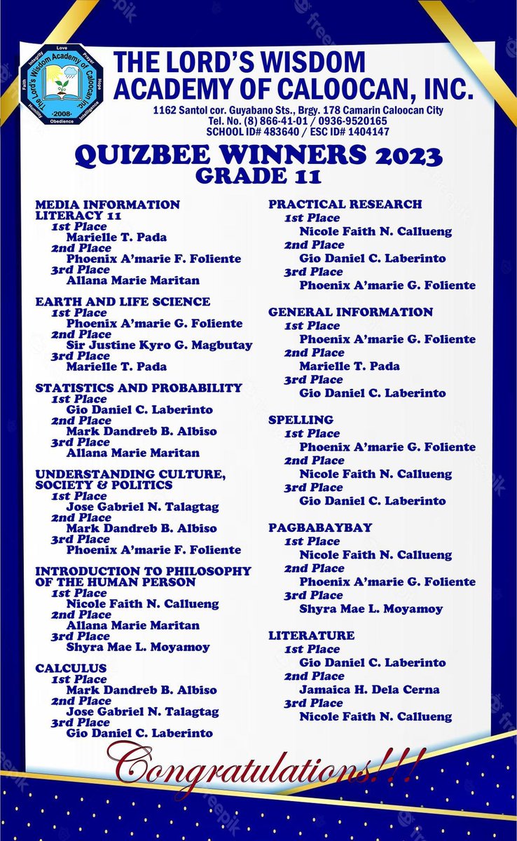 TLWACI08's tweet image. A Job Well done to all the participants! Congratulations winner #SHS #quizbee20222023 #TLWACI #WhiteGideon