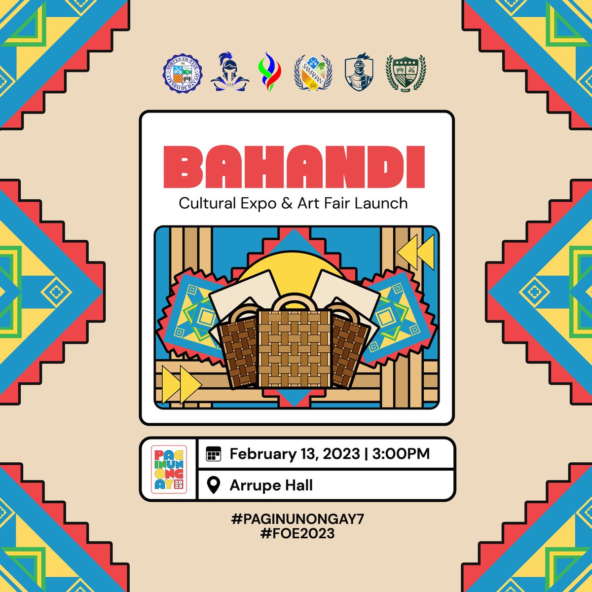 AdDUCultArts's tweet photo. INVITE 📨 I Ateneans, see you on February 13, 2023, for the launch of BAHANDI: Cultural Expo and Art Fair at 3:00 PM, Arrupe Hall. 

BAHANDI features Mindanawon products, artworks, and fabrics from in-house artists, local entrepreneurs, and student-led initiatives in Davao City. https://t.co/ZAPtnxUkeh