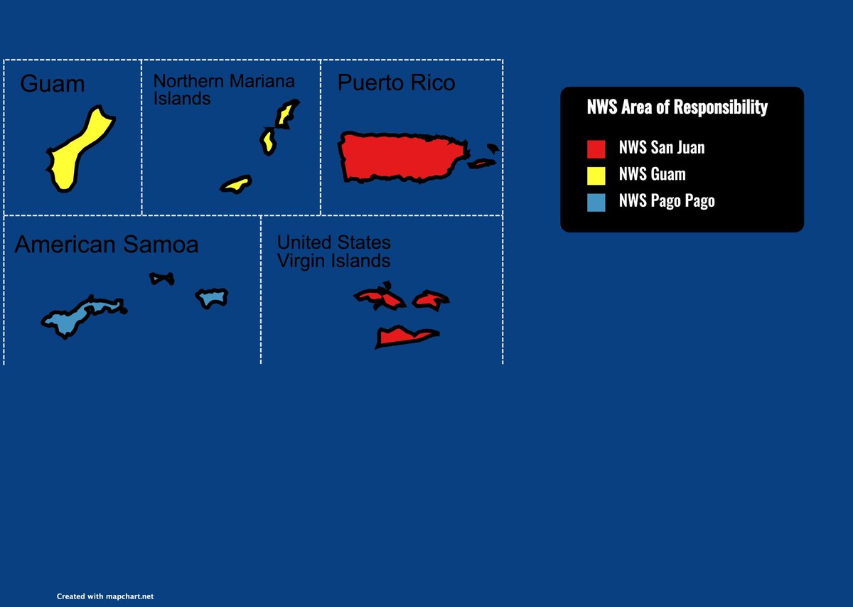Here's a map of all the #USA Territories (#AmericanSamoa, #PuertoRico, #Guam) + #Hawaii & the NWS Offices corresponding to them. Follow them if you're in one of these areas.

- @NWSHonolulu 
- @NWSGuam 
- @NWSSanJuan 
- @NWSPagoPago 
#HIwx #PRwx #VIwx #ASwx #GUwx
